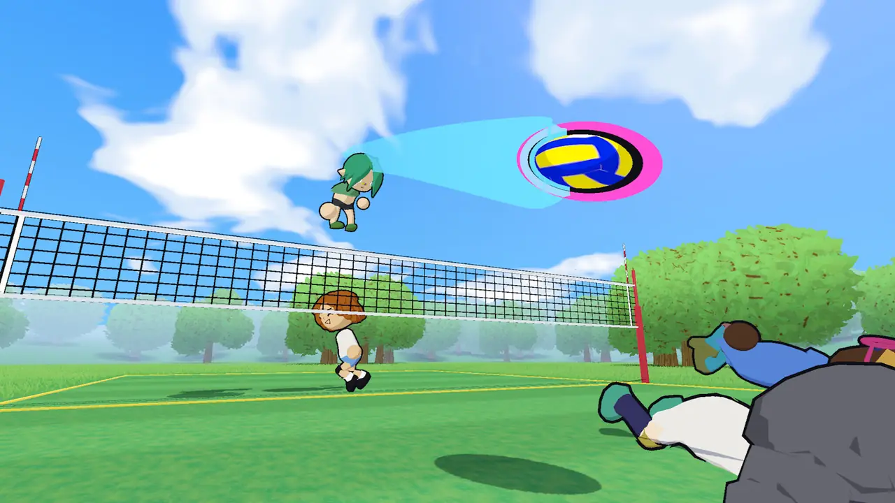 just volleyball grass court with a blue aim arrow and a purple landing ring